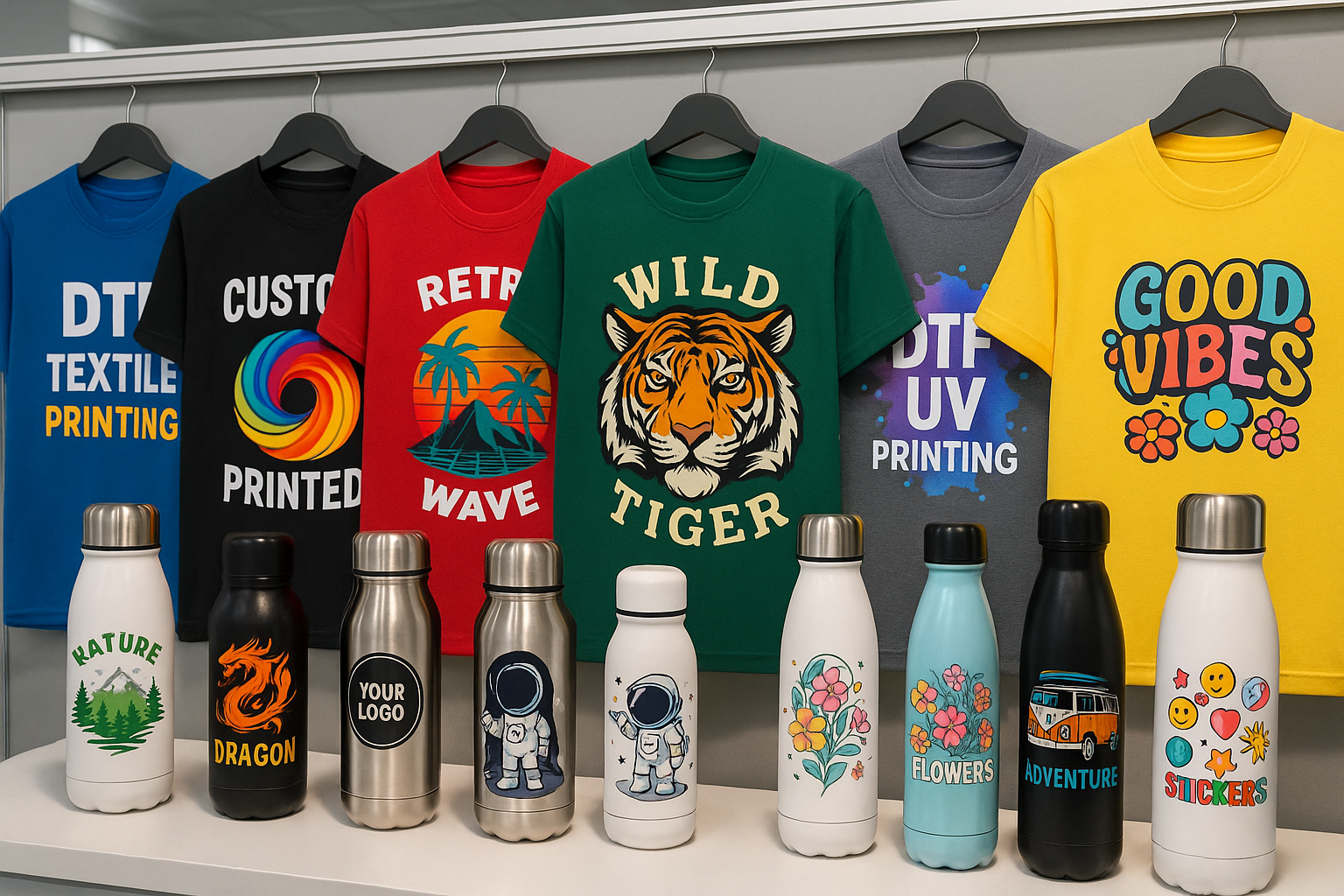 Imagen grande con ejemplos de camisetas + termos personalizados con DTF UV Y DTF TEXTIL
