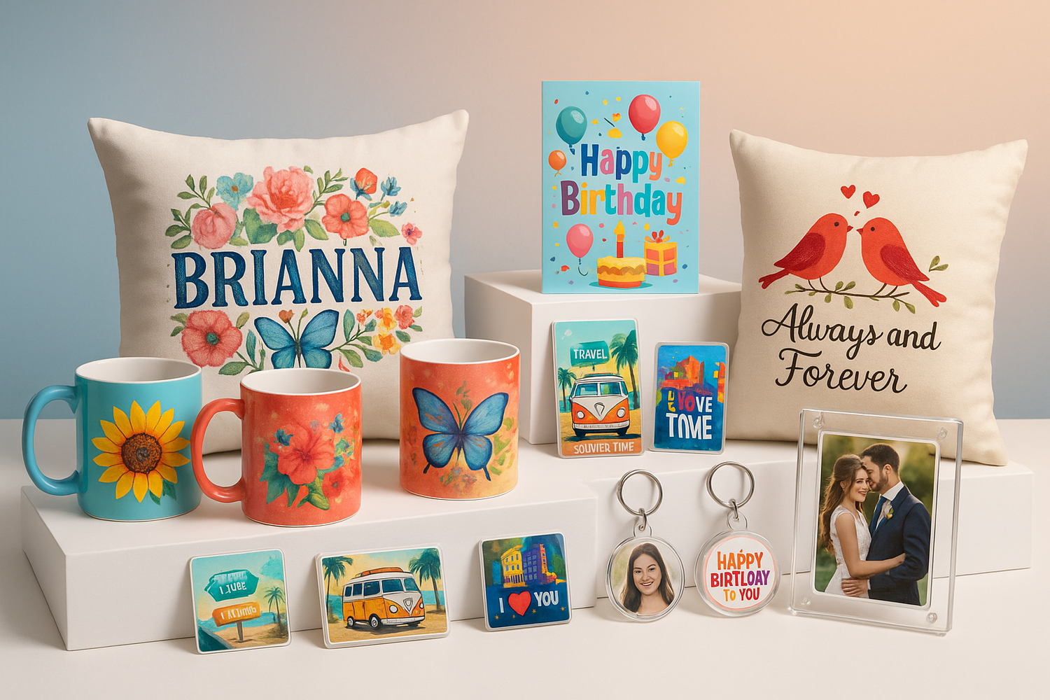 Regalos & Souvenirs (tazas, cojines, imanes, acrílicos, cumpleaños, bodas).
