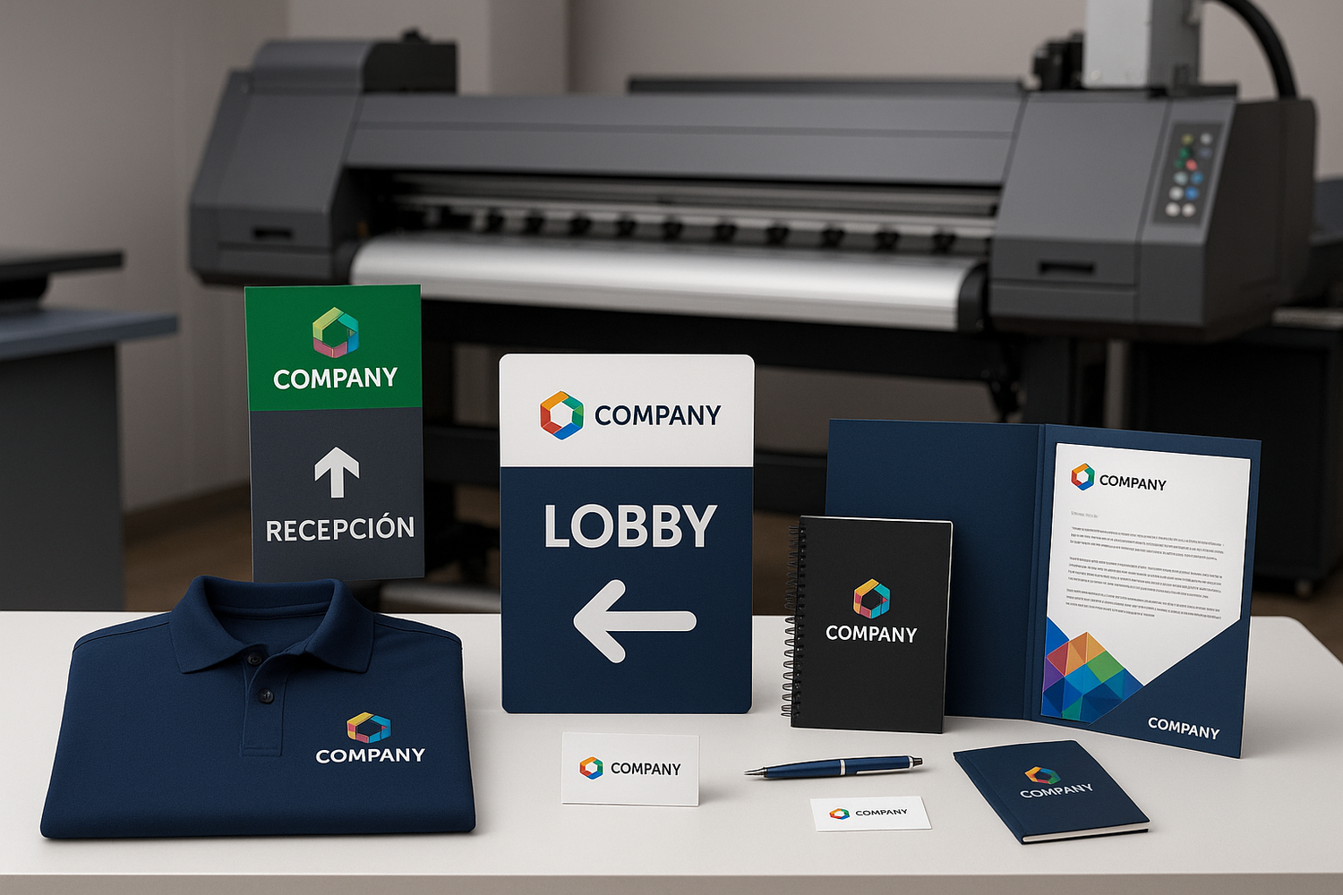 Empresas & Corporativos (uniformes, señalética, libretas, kits).