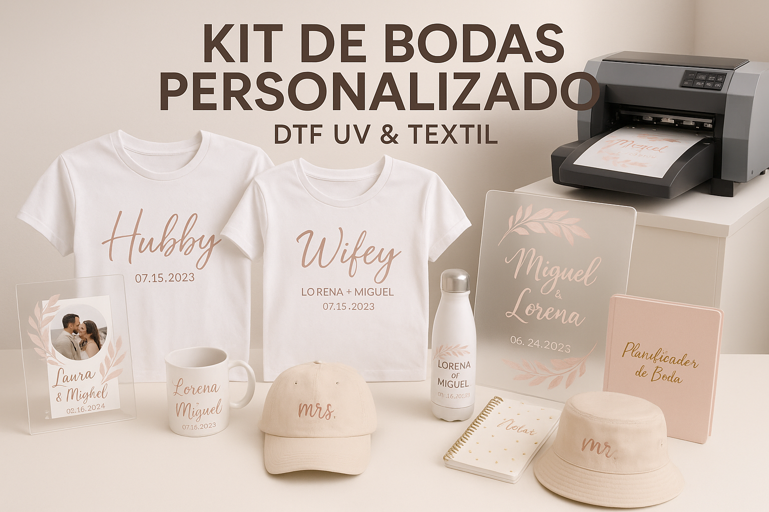 CREAME UNA IMAGEN DE UN SERVICIO DTF UV Y DTF TEXTIL DE UN KIT DE BODAS EN DONDE EL CLIENTE ARMA SU PROPIO KIT EN BASE A SU NECESIDAD , COMO LO SON PLAYERAS PERSONALIZADAS,ACRIICOS , TAZAS , TERMOSO , AGENDAS , GORRAS ETC
