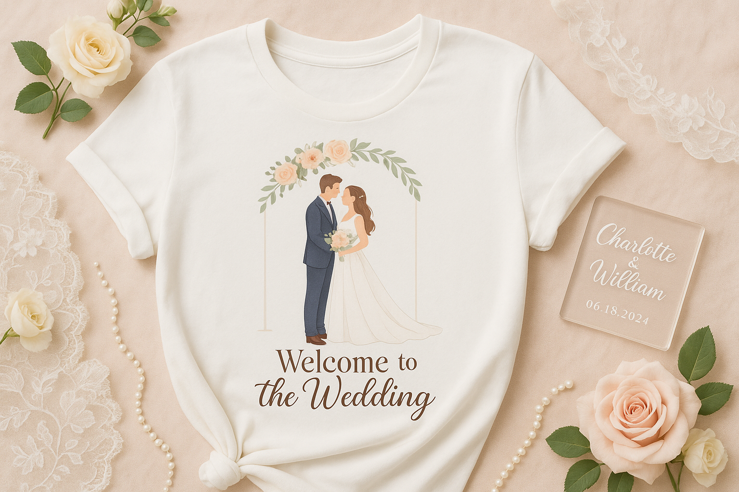 KIT DE BODAS IMPRESO EN DTF QUE INCLUYE CAMISETA PERSONALIZADA PARA EL INVITADO Y UN RECUERDO EN ACRILICO