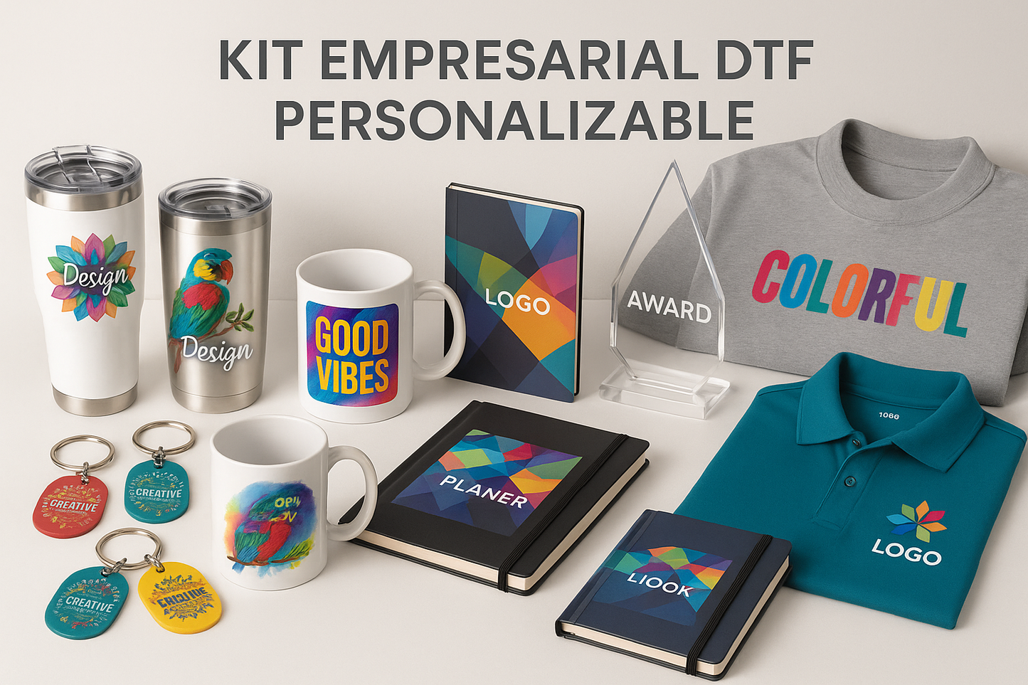 KIT EMPRESARIAL DTF A LA MEDIDA DEL CLIENTE EN DONDE PUES ARMAR SU PROPIO KIT CON TERMON,LLAVEROS, TAZAS , AGENDAS, ACRILICOS , CAMISAS ETC